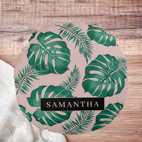Tropical Pink  Green Palm Leaves Pattern  Name Round Pillow