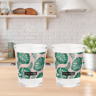 Tropical Pink & Green Palm Leaves Pattern & Name Shot Glass