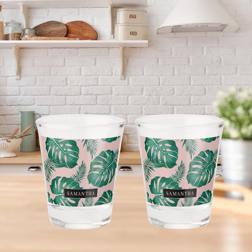 Tropical Pink  Green Palm Leaves Pattern  Name Shot Glass