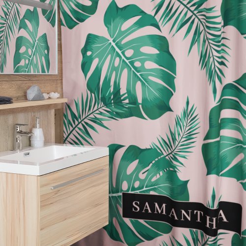 Tropical Pink  Green Palm Leaves Pattern  Name Shower Curtain