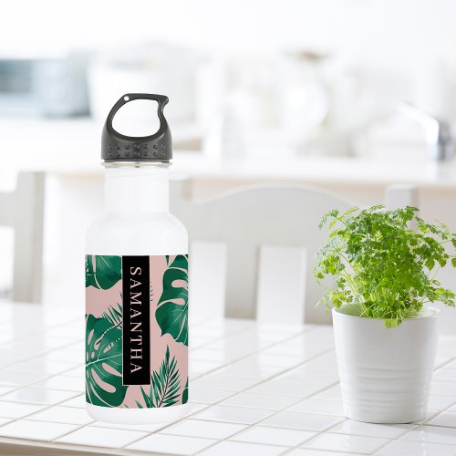 Tropical Pink  Green Palm Leaves Pattern  Name Stainless Steel Water Bottle