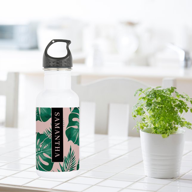 Tropical Pink & Green Palm Leaves Pattern & Name Stainless Steel Water Bottle (Creator Uploaded)