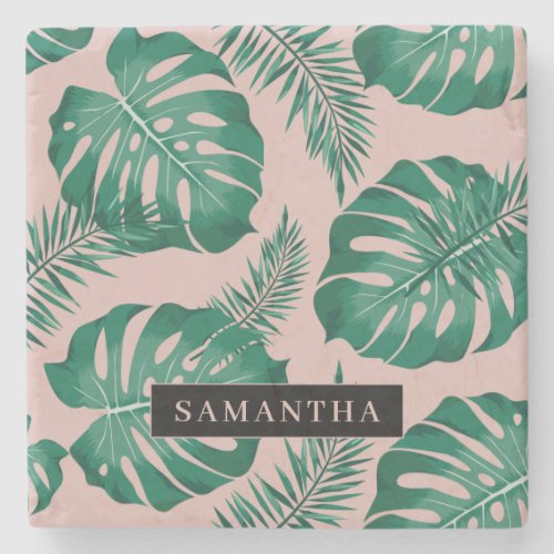 Tropical Pink  Green Palm Leaves Pattern  Name Stone Coaster