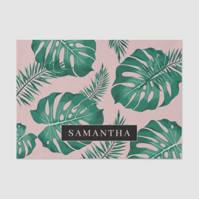 Tropical Pink & Green Palm Leaves Pattern & Name Tissue Paper (Front)
