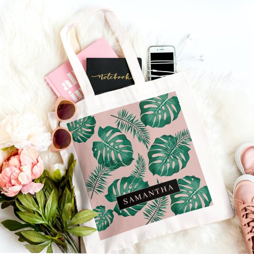 Tropical Pink  Green Palm Leaves Pattern  Name Tote Bag