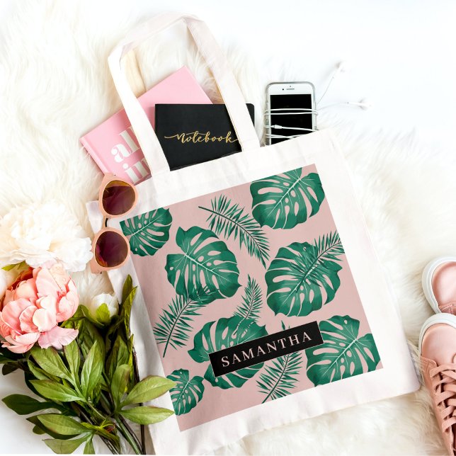 Tropical Pink & Green Palm Leaves Pattern & Name Tote Bag (Creator Uploaded)