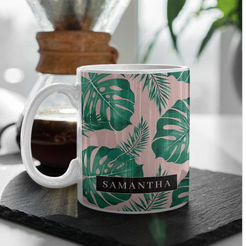 Tropical Pink  Green Palm Leaves Pattern  Name Two_Tone Coffee Mug