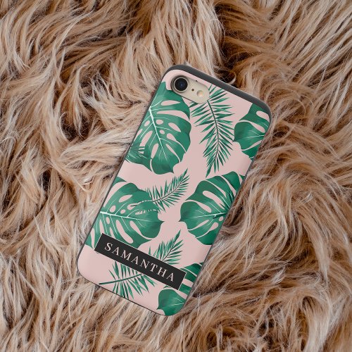 Tropical Pink  Green Palm Leaves Pattern  Name iPhone 87 Slider Case