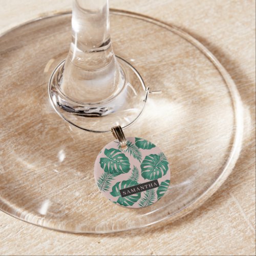 Tropical Pink  Green Palm Leaves Pattern  Name Wine Charm