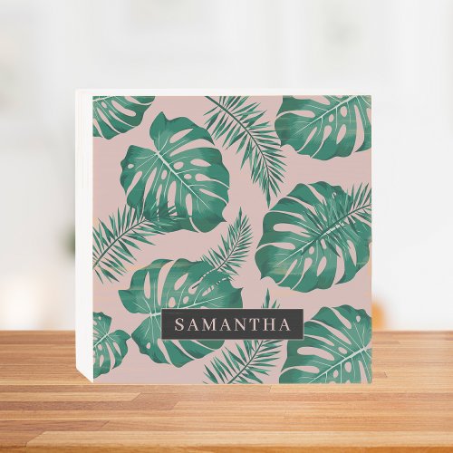 Tropical Pink  Green Palm Leaves Pattern  Name Wooden Box Sign