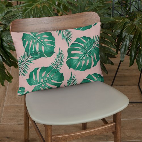 Tropical Pink  Green Palm Leaves Seamless Pattern Accent Pillow