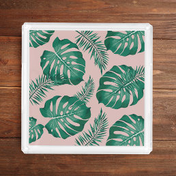 Tropical Pink &amp; Green Palm Leaves Seamless Pattern Acrylic Tray