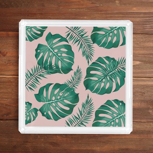 Tropical Pink  Green Palm Leaves Seamless Pattern Acrylic Tray