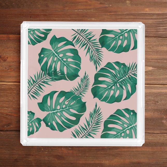 Tropical Pink & Green Palm Leaves Seamless Pattern Acrylic Tray (Creator Uploaded)