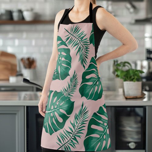 Tropical Pink  Green Palm Leaves Seamless Pattern Apron