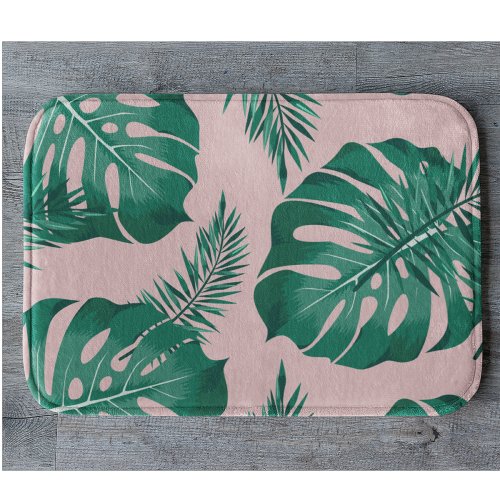Tropical Pink  Green Palm Leaves Seamless Pattern Bath Mat