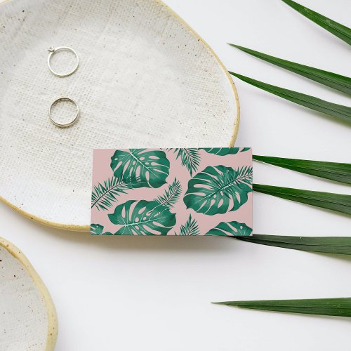 Tropical Pink  Green Palm Leaves Seamless Pattern Business Card