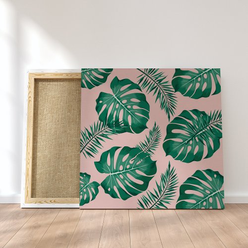 Tropical Pink  Green Palm Leaves Seamless Pattern Canvas Print