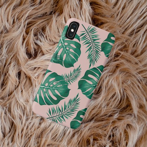 Tropical Pink  Green Palm Leaves Seamless Pattern iPhone XS Max Case