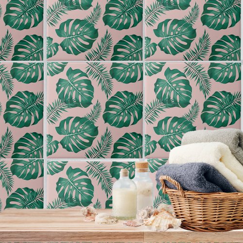 Tropical Pink  Green Palm Leaves Seamless Pattern Ceramic Tile