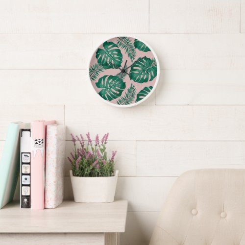Tropical Pink  Green Palm Leaves Seamless Pattern Clock