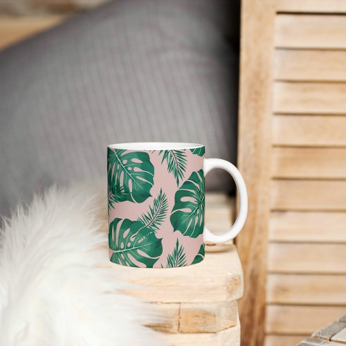 Tropical Pink  Green Palm Leaves Seamless Pattern Coffee Mug