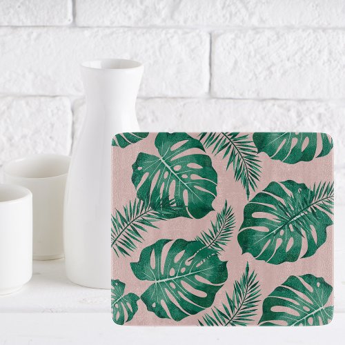 Tropical Pink  Green Palm Leaves Seamless Pattern Cutting Board