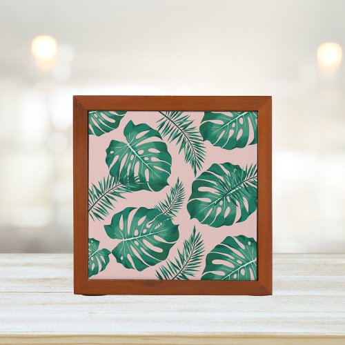 Tropical Pink  Green Palm Leaves Seamless Pattern Desk Organizer