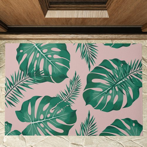 Tropical Pink  Green Palm Leaves Seamless Pattern Doormat