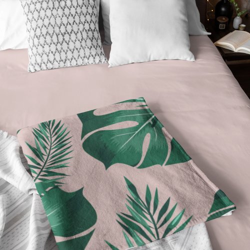 Tropical Pink  Green Palm Leaves Seamless Pattern Fleece Blanket