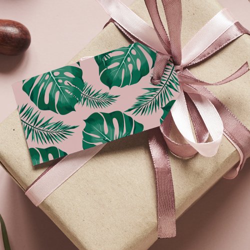 Tropical Pink  Green Palm Leaves Seamless Pattern Gift Tags