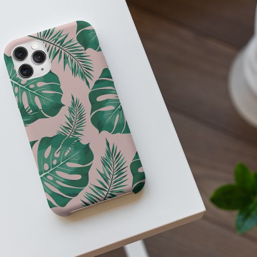 Tropical Pink  Green Palm Leaves Seamless Pattern iPhone 11Pro Max Case