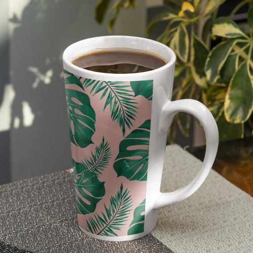 Tropical Pink  Green Palm Leaves Seamless Pattern Latte Mug