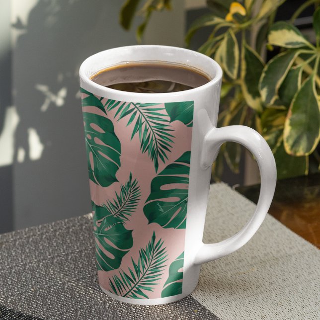Tropical Pink & Green Palm Leaves Seamless Pattern Latte Mug (Creator Uploaded)