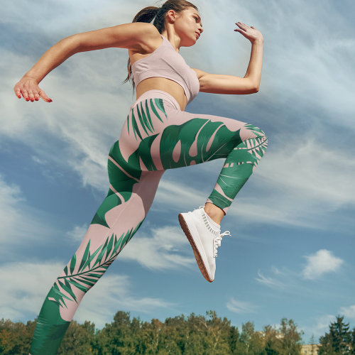 Tropical Pink &amp; Green Palm Leaves Seamless Pattern Leggings