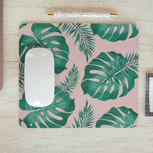 Tropical Pink & Green Palm Leaves Seamless Pattern Mouse Pad