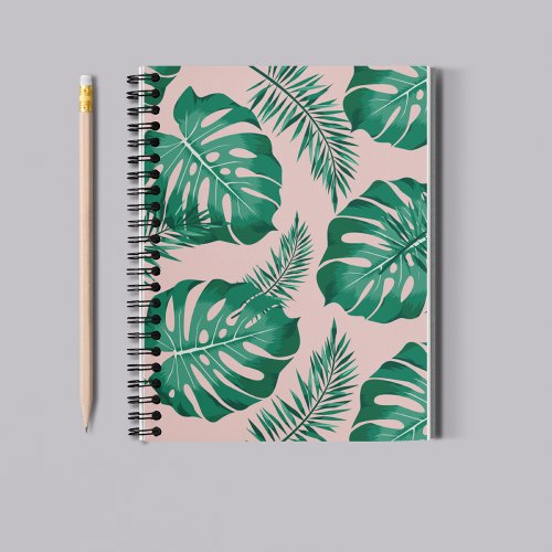 Tropical Pink  Green Palm Leaves Seamless Pattern Notebook