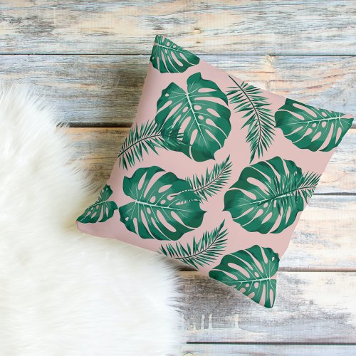 Tropical Pink  Green Palm Leaves Seamless Pattern Outdoor Pillow