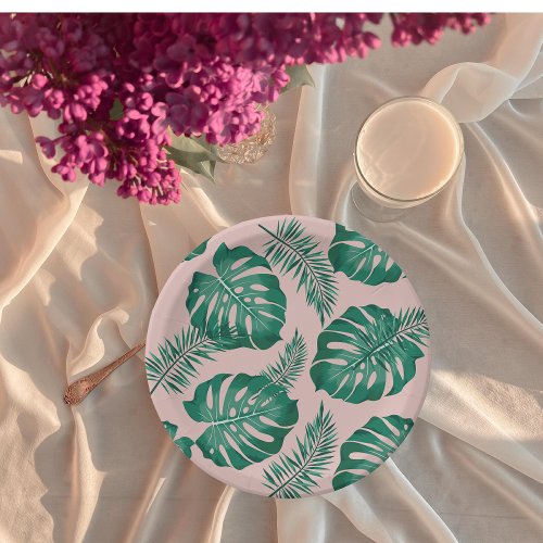 Tropical Pink  Green Palm Leaves Seamless Pattern Paper Plates