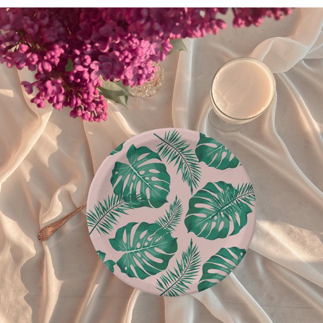 Tropical Pink & Green Palm Leaves Seamless Pattern Paper Plates (Creator Uploaded)