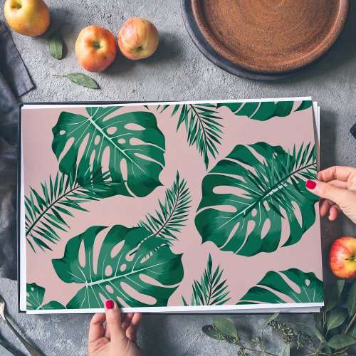 Tropical Pink  Green Palm Leaves Seamless Pattern Placemat