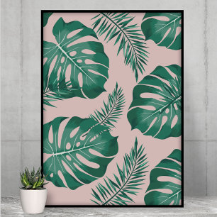 Tropical Pink & Green Palm Leaves Seamless Pattern Poster