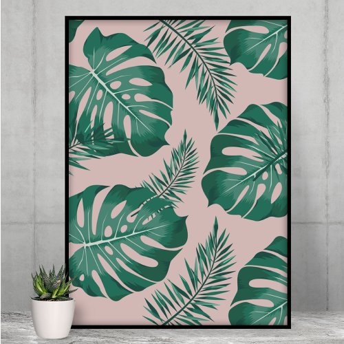 Tropical Pink  Green Palm Leaves Seamless Pattern Poster