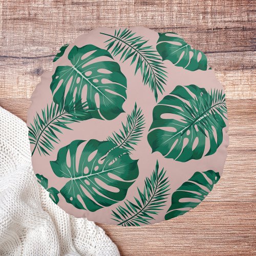 Tropical Pink  Green Palm Leaves Seamless Pattern Round Pillow