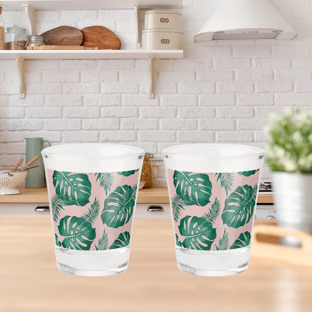 Tropical Pink & Green Palm Leaves Seamless Pattern Shot Glass (Creator Uploaded)
