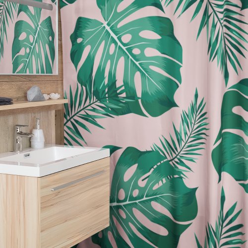 Tropical Pink  Green Palm Leaves Seamless Pattern Shower Curtain