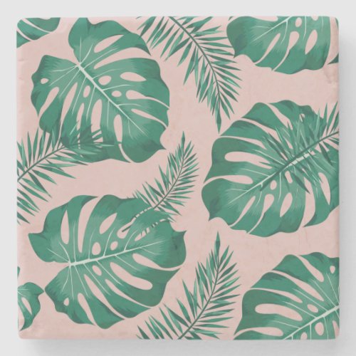 Tropical Pink  Green Palm Leaves Seamless Pattern Stone Coaster