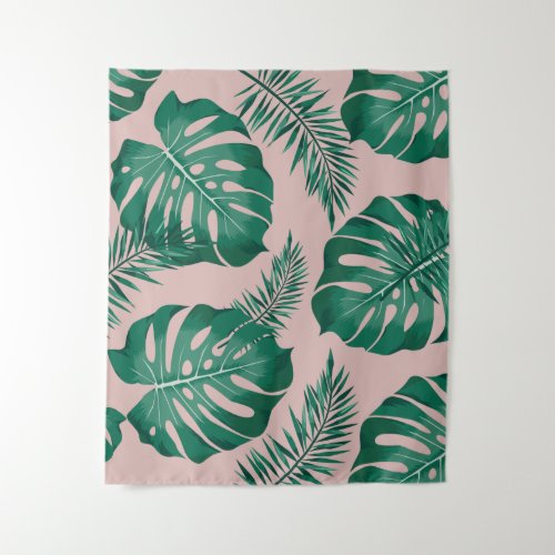 Tropical Pink  Green Palm Leaves Seamless Pattern Tapestry