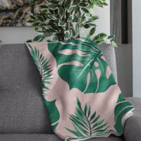 Tropical Pink Green Palm Leaves Seamless Pattern Throw Blanket