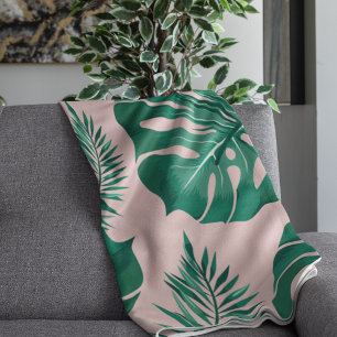 Tropical Pink & Green Palm Leaves Seamless Pattern Throw Blanket